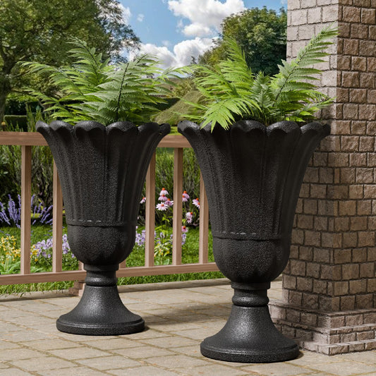 Trygoal 23.6" Tall Plastic Urn Planters for Outdoor Plants, Set of 2 Heavy-Duty Classic Indoor Large Flower Pots with Drainage Holes & Petal Design, Outdoor Planters for Porch, Home Garden, Black