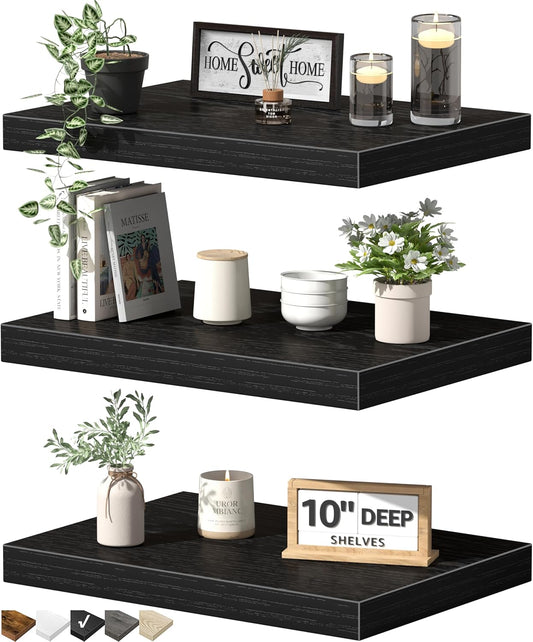 QEEIG 10" Deep Floating Shelves - Set of 3 Black Wall-Mounted Bookshelves for Bathroom, Bedroom, Kitchen & Living Room