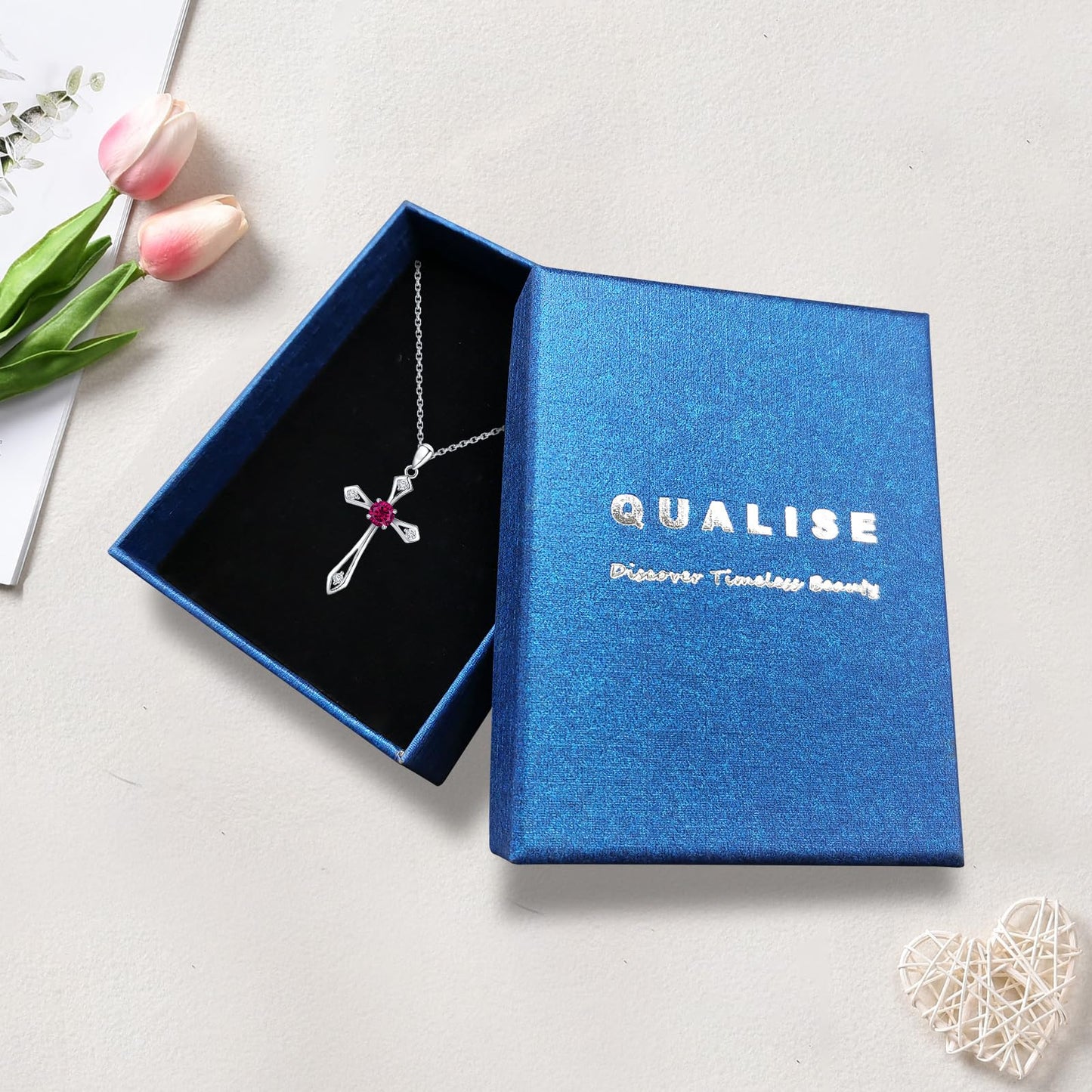QUALISE Cross Necklace for Women,925 Sterling Silver July Birthstone Necklace Cross Pendant 5A CZ 12 Birth Months Birthstone Fine Ruby Jewelry Birthday Gifts for Her Wife Mom