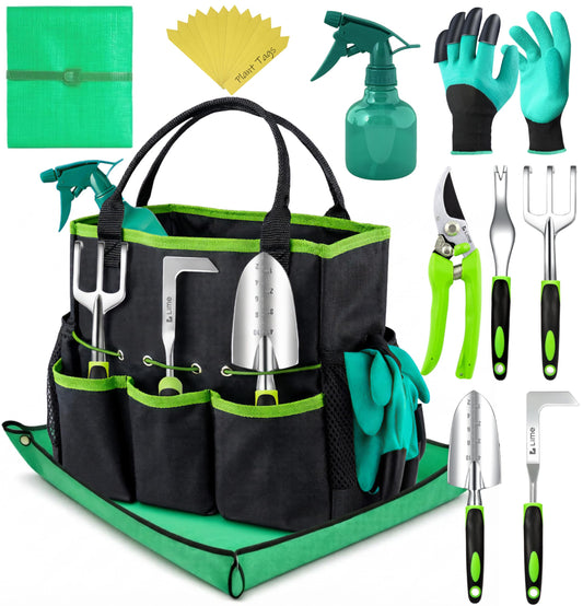 Heavy Duty Gardening Tools - Gardening Gifts for Women, Men, Mom, Dad - Durable, Ergonomic Garden Tools Set (Green with Potting Mat)