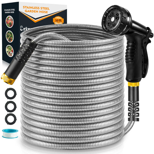 Garden Hose 50 ft, Stainless Steel Water Hose 50ft Heavy Duty with 10 Function Nozzle, Flexible No-Kink Metal Hose 50 Feet, Pet-Proof Water Pipe for Outside Yard