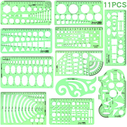11PCS Geometric Drawings Templates, Drafting Stencils Measuring Tools, Transparent Green Plastic Ruler, for Architecture, Office, Studying, Designing