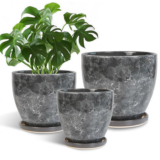 EPFamily Ceramic Pots for Plants - 10+8+6 Inch Modern Flower Pot for Indoor Outdoor, Round Planters with Drainage Holes and Trays, Office Garden Living Room Decor, Housewarming Gifts, Set of 3, Grey