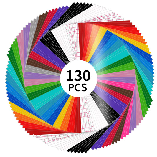 LYA Vinyl 130 Pack Permanent Vinyl - 12 "x12 Self Adhesive Vinyl Sheets，120 Sheets & 10 Transfer Tape Sheets for Cutting Machines and Decor Sticker