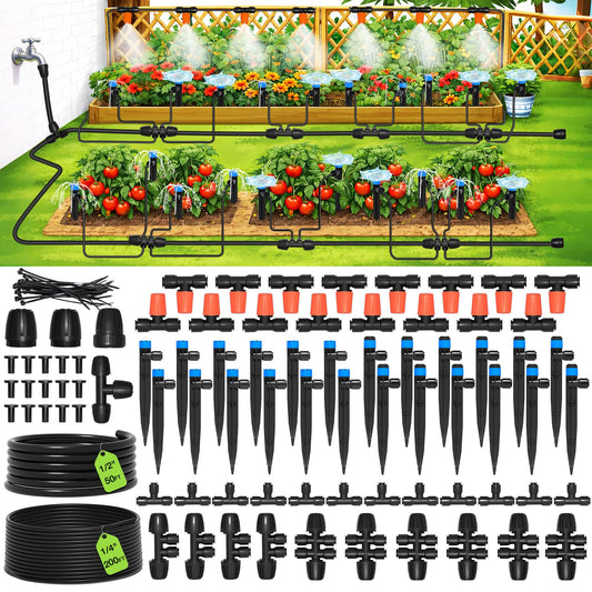 MIXC 250FT Drip Irrigation System Kit, Quick-Connect Garden Misting Watering System with 1/2” 1/4” Tubing Adjustable Nozzles Sprinklers for Indoor Outdoor Garden Potted Plant Lawn Greenhouse