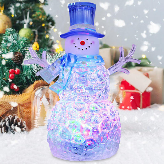 Snowman Christmas Decoration LED Lighted Snowman Figurines with 6H Timer 3 AAA Battery Operated Christmas Acrylic Snowman Decorations for Indoor Holiday Tabletop Decorations Gifts (Blue Hat)