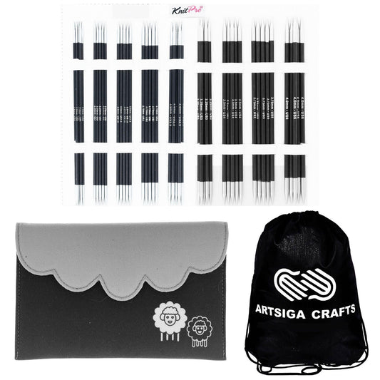 KnitPro Karbonz Deluxe Set 6 inch DPN Double Pointed Needles Size 0, 1, 1.5, 2, 2.5, 3, 4, 5, 6 with Fabric Case with Project Bag