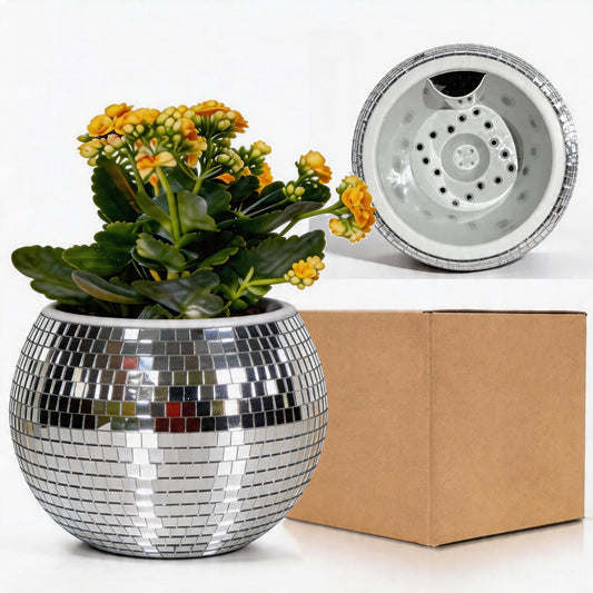 BAOBYAO Disco Ball Planter,Disco Ball Vase,Plant Pot,Flower Pot,Mirror Plant Holder,Plastics Self Watering Disco Decor Planter for Small Plant, Party,Table,Office,Kitchen,Silver,4X5IN
