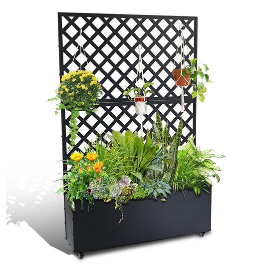 Metal Raised Garden Bed with Trellis & Wheels, 72.83"x46.46"x11.81" Galvanized Metal Planter Box with Drainage Holes & Privacy Screen for Patio Balcony Climbing Plants Flowers Vegetable, Black