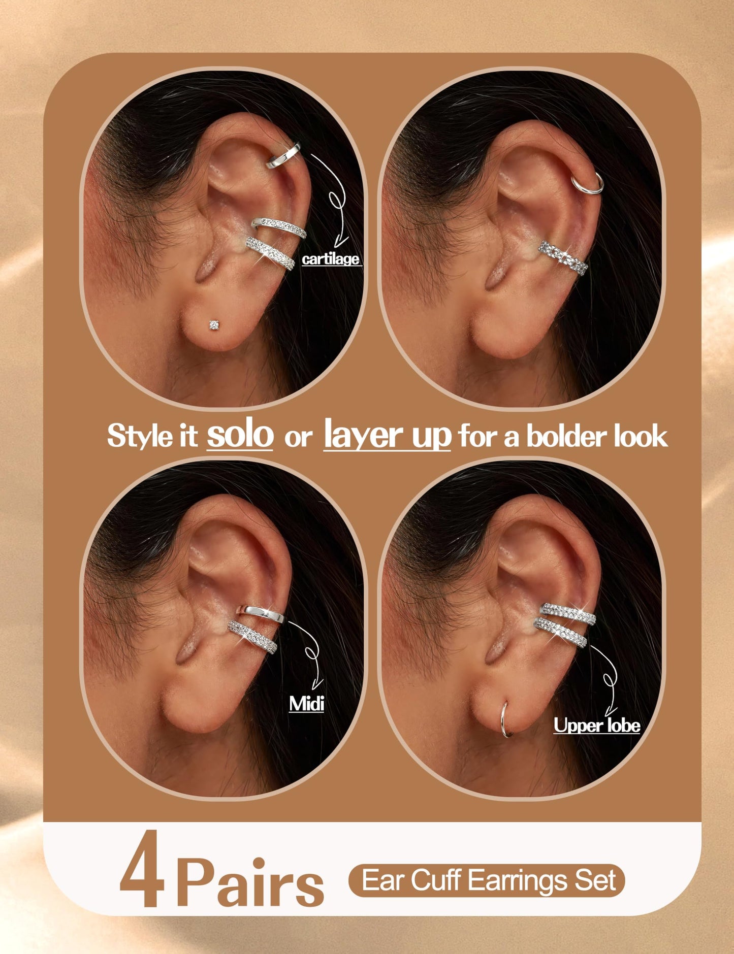 4 Pairs Ear Cuffs Non Piercing - Silver Plated Ear Cuffs Earrings for Women Trendy Ear Cuff for Non Pierced Ears Clip On Carrtilage Earring Lightweight Adjustable Fake Earrings Set Dainty