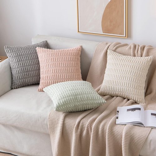 MIULEE Corduroy Throw Pillow Covers - Soft Boho Striped Design | 12x12 Inch Cream White Decor for Sofa & Bed