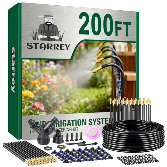 Starrey Drip Irrigation System, 2026-Upgrade 200Ft 1/4" Garden Watering System with 40 Pcs 360° Adjustable Copper Nozzles, DIY Kit for Garden, Lawn, Greenhouse, Raised Beds & Outdoor Plants