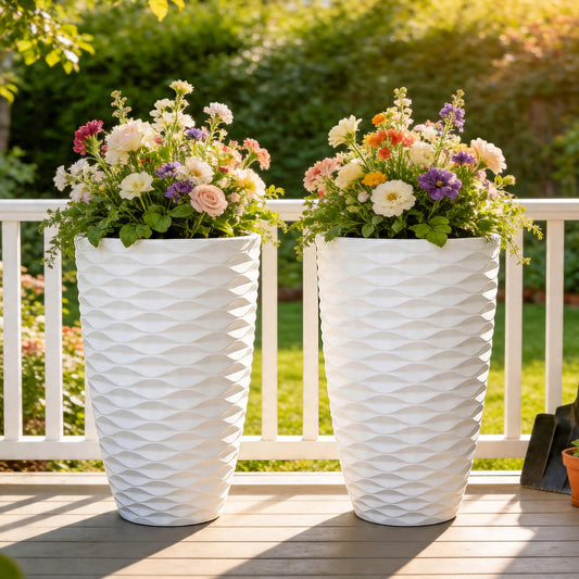 Ultym 19" Nordic Wavy Tall Outdoor Planters, Set of 2 Ultra Durable Resin Large Flower with Drainage Holes, Weather-Resistant Outdoor Planters for Garden Patio Porch Balcony Living Room Office Decor
