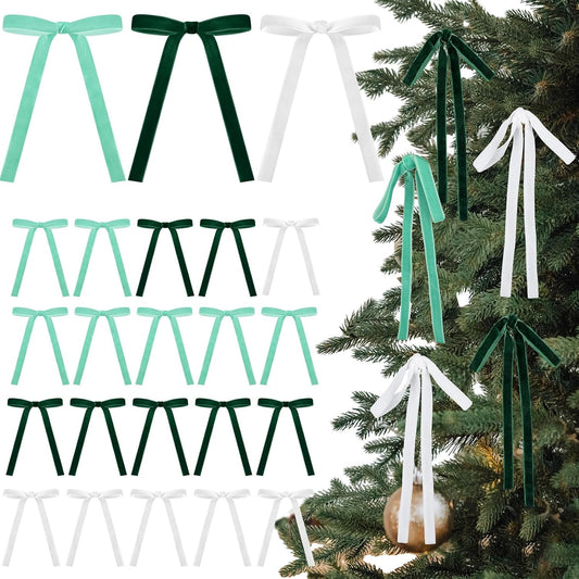 Skiennix 24 Pcs Velvet Bows - Vintage Ribbon Bows for Christmas Tree & Crafts | Dark Green, Beige, Sage Green (5 x 7 Inch)