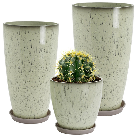 Neoaider 24/21/12 Inch Large Plastic Planter, Lightweight Ceramic-Look Tall Planters with Drain Hole & Saucers, Tall Plastic Planters for Porch, Garden, Patio, Balcony(Drip Glaze)