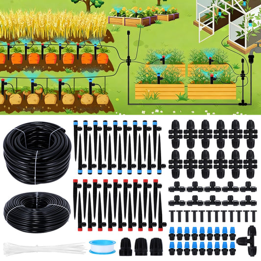 300FT Drip Irrigation System Kit, Automatic Garden Watering Misting System with 70FT1/2 inch Hose 230FT 1/4 inch Distribution Tubing and Accessories for Garden Lawn Greenhouse Plant Flower Bed