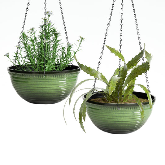 Vanslogreen 12 inch Hanging Planters for Indoor Outdoor Plants, 2 Pack Large Hanging Flower Pots with Drainage Holes and Chain, Glazed Hanging Baskets for Home Garden Decoration, Green