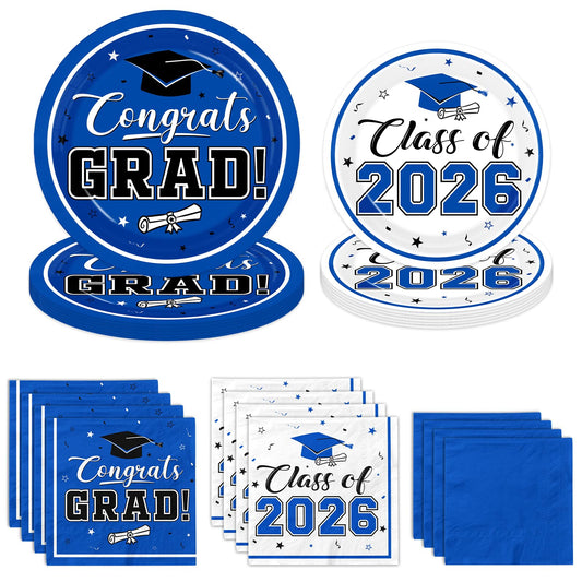 Graduation Party Plates and Napkins Blue Class of 2026 Grad Congrats Party Supplies Disposable Dessert Paper Plates Cocktail Napkins forGraduation Party Decorations,Serve 50