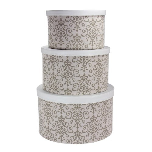 Household Essentials Round Hat Boxes with Lids, Vibrant Scallop Print with Faux Leather Lids, Poly-Cotton and Non-Woven PP Liner, Large, Medium and Small, Stackable and Nestable, Olive and Cream