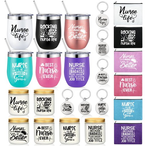 Maxcheck 24 Pcs Nurse Day Week Gifts Bulk 2026 for Nursing Assistant Appreciation Gift CNA Tumbler Scented Candle Makeup Bag Keychain(Cute Nurse)