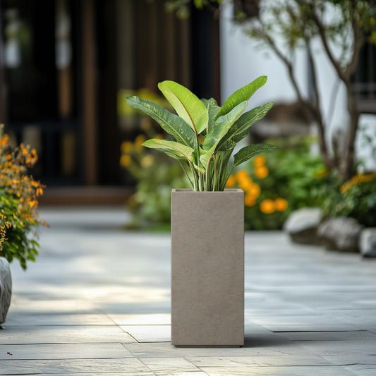 Kante AF0002C-80021-2 Lightweight Durable Modern Square Outdoor Planter, 28 Inch Tall, Gray Concrete