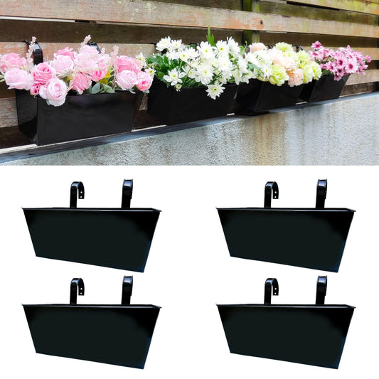 LaLaGreen Rail Planter Box (4 Pack, 16 Inch) Large Black Metal Hanging Flower Pots, Rectangle Outdoor Strawberry Plant Holder Window Balcony Deck Railing Fence Minimalist Farmhouse Countryside Style