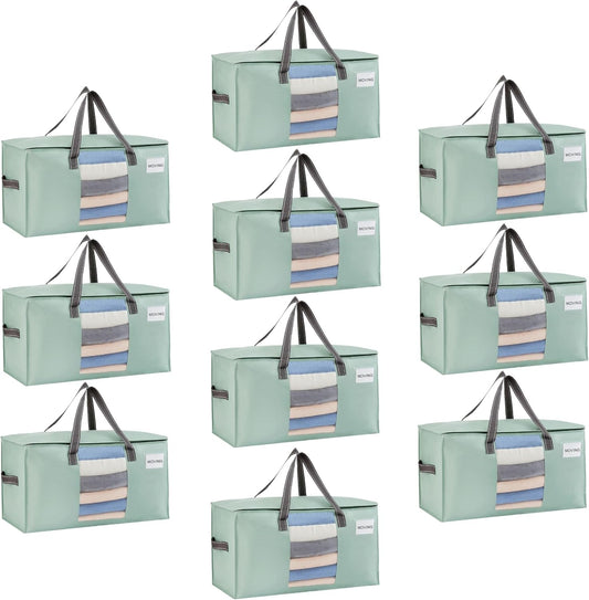 VENO Heavy Duty Moving Bags - 10 Pack Clothes & Comforter Storage with Clear Window | Light Green Matte