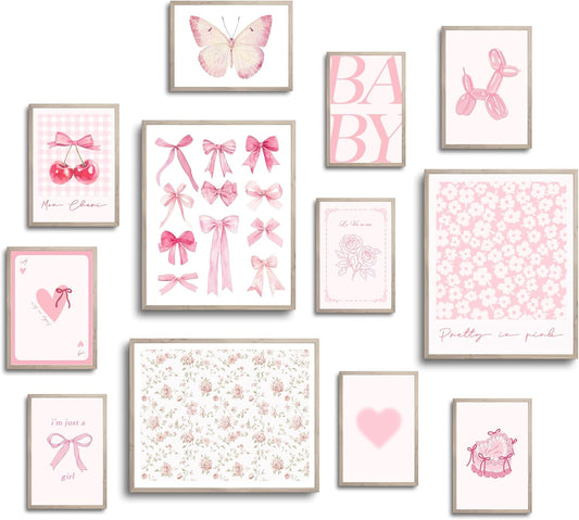 TwoDays Pink Coquette Wall Art | Aesthetic Light Pink Bows Posters for Girls' Dorm | Set of 12 Unframed (8" x 10" Largest)