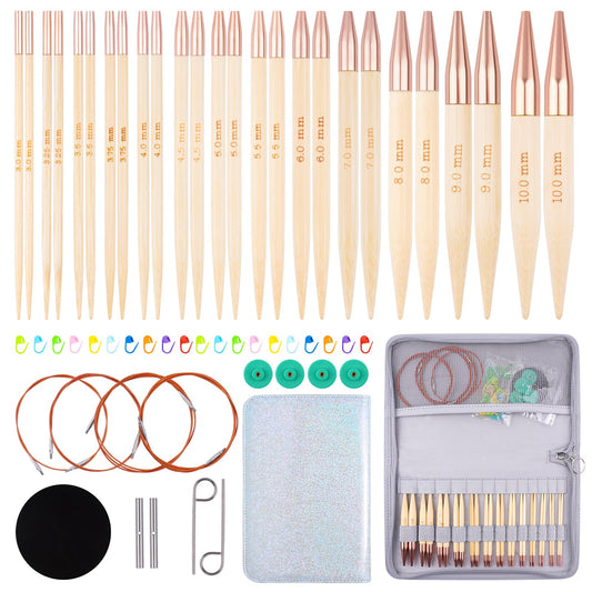 BsHooker Bamboo Circular Knitting Needles Set,13 Pairs Interchangeable Knitting Needles Kit with Storage Case,3mm-10mm Knitting Needles with Cables US 2.5-15