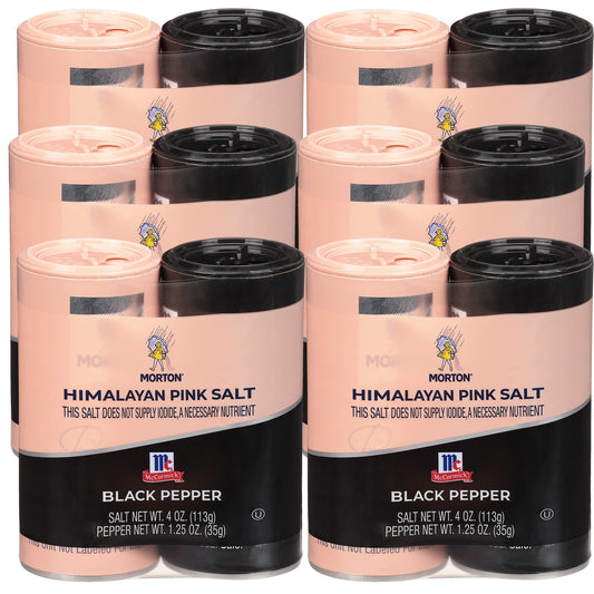 Morton Shaker Set - Himalayan Pink Salt (4 oz) & McCormick Ground Pepper (1.25 oz), 2-Piece Set (Pack of 6) for Cooking & Finishing