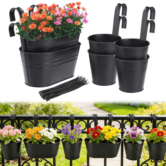 MADHOLLY 6Pcs Railing Planter with Drainage - 10.8" & 5.1" Bucket Pots for Balcony Railing, Metal Iron Hanging Flower Pots for Herb Planter Outdoor Deck & Rail Decor with Hook, Black