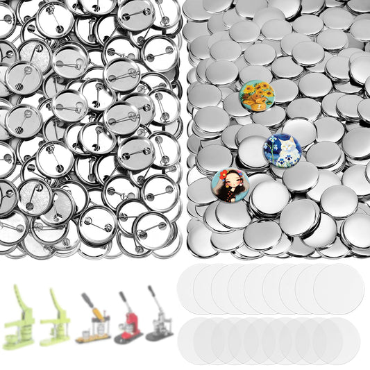 200 Sets Button Maker Supplies, 32mm/1.25 inch Button Supplies, with Metal Needle Back Cover, Metal Cover, Transparent Film and Blank Paper, Suitable for Button Making Machine and Pin Maker Press
