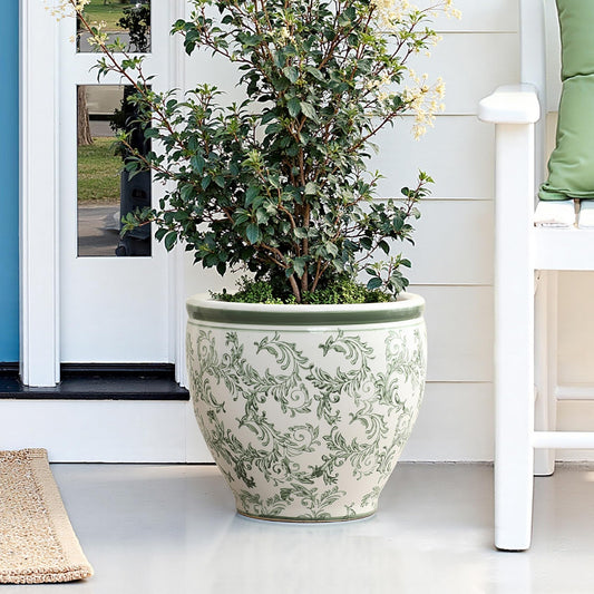 LuxenHome 11.4" Dia Round Ceramic Plant Pots with Floral Pattern, Green and White Large planters for Indoor Outdoor Plants with Drainage Hole, Decorative Flower Pot for Home Garden Patio