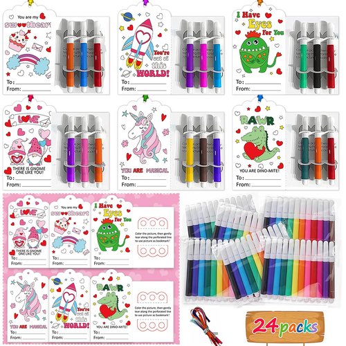 Ertyjikg Valentines Day Gifts for Kids, 24 Pack Valentine's Cards with Bookmarks Colored Pens - for School Classroom Gift Exchanges Valentines Party Favor Supplies Valentine's Prizes for Kids