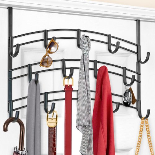 LYNK Professional® Over the Door Hooks - 14 Hook Coat Rack for Towels & Clothes - Black Finish