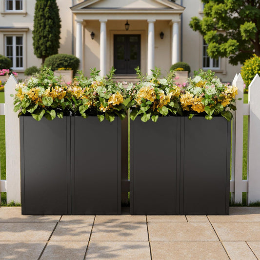 Diyfire Black Tall Metal Planters Box for Outdoor Plants 4 Pack- 23.6" H Steel Tall Square Planter with Removable Insert Shelf, Modern Heavy Duty Pedestal Planter Front Porch Decor Patio Garden