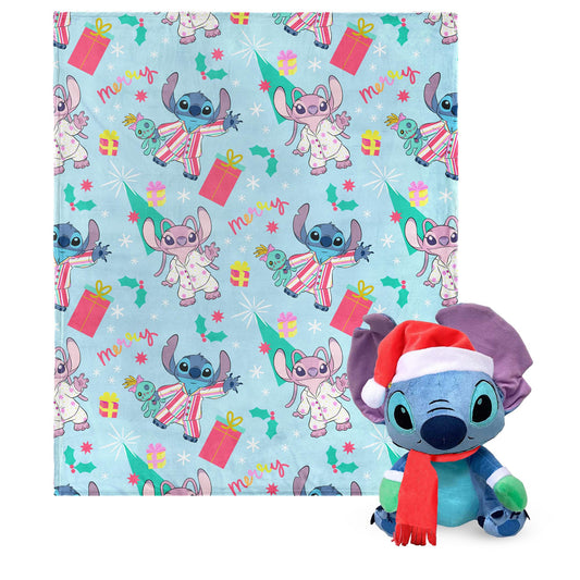 Northwest Character Hugger Pillow & Silk Touch Throw Blanket Set, 40" x 50", Lilo & Stitch Holiday Jammies
