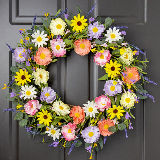 VioletEverGarden Spring Wreaths for Front Door 22 Inch Spring Wreath 6 Colors Summer Wreath with Lavender Daisy and Eucalyptus for Indoor Outdoor Holiday Celebration