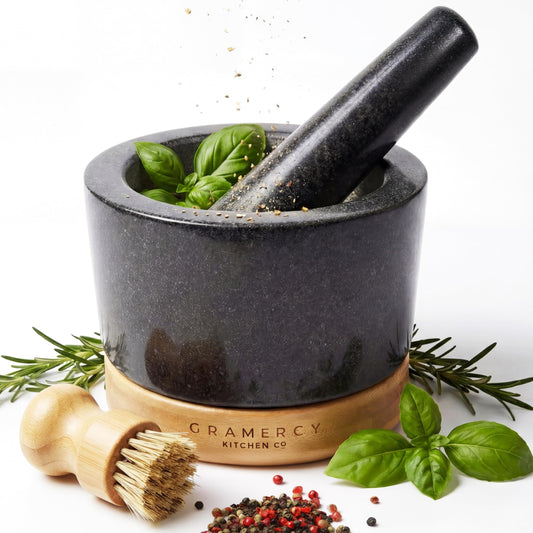 Gramercy Mortar and Pestle Set – Heavy Duty Granite Stone Grinder with Stable Bamboo Base, Extra Long Pestle & Cleaning Brush - Ideal Guacamole Bowl, Herb Grinder & Molcajete Bowl, 1.5-Cup