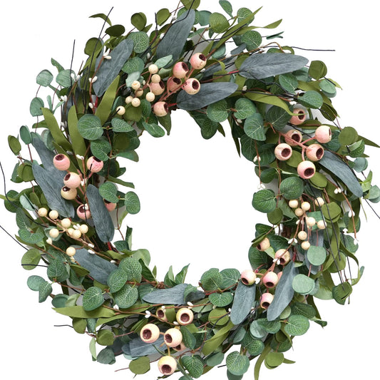 Bibelot 20inch Artificial Eucalyptus Wreath Green Leaves White Berry Big Berries Wreath for Front Door All Seasons Decoration Year Round Decor Home Decor