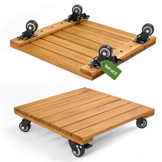 Jurax 14 Inch Wood Plant Caddy with Wheels – Heavy Duty Plant Dolly Holds Up to 286 lbs, 360° Lockable Casters, Rolling Plant Stand Indoor Outdoor for Large Pots – 2 Packs, Square-Golden Teak