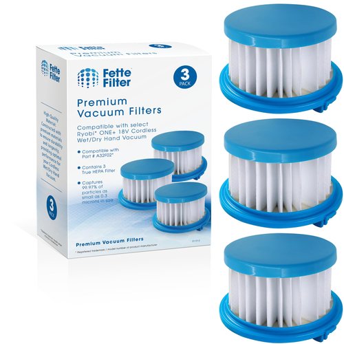 Fette Filter - A32F02 HEPA Filter Compatible with Ryobi ONE+ 18V Cordless Wet/Dry Hand Vacuum PCL702 PCL702B PCL702K. Compare to Part #A32F02. Pack of 3