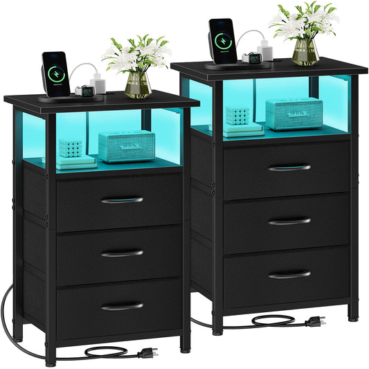 Vagusicc Night Stand Set 2 with Charging Station, LED Nightstand for Bedroom, Bedside Table with 3 Fabric Drawers, End Table Side Table with USB Ports & Outlets, Bed Side Table for Bedroom, Black