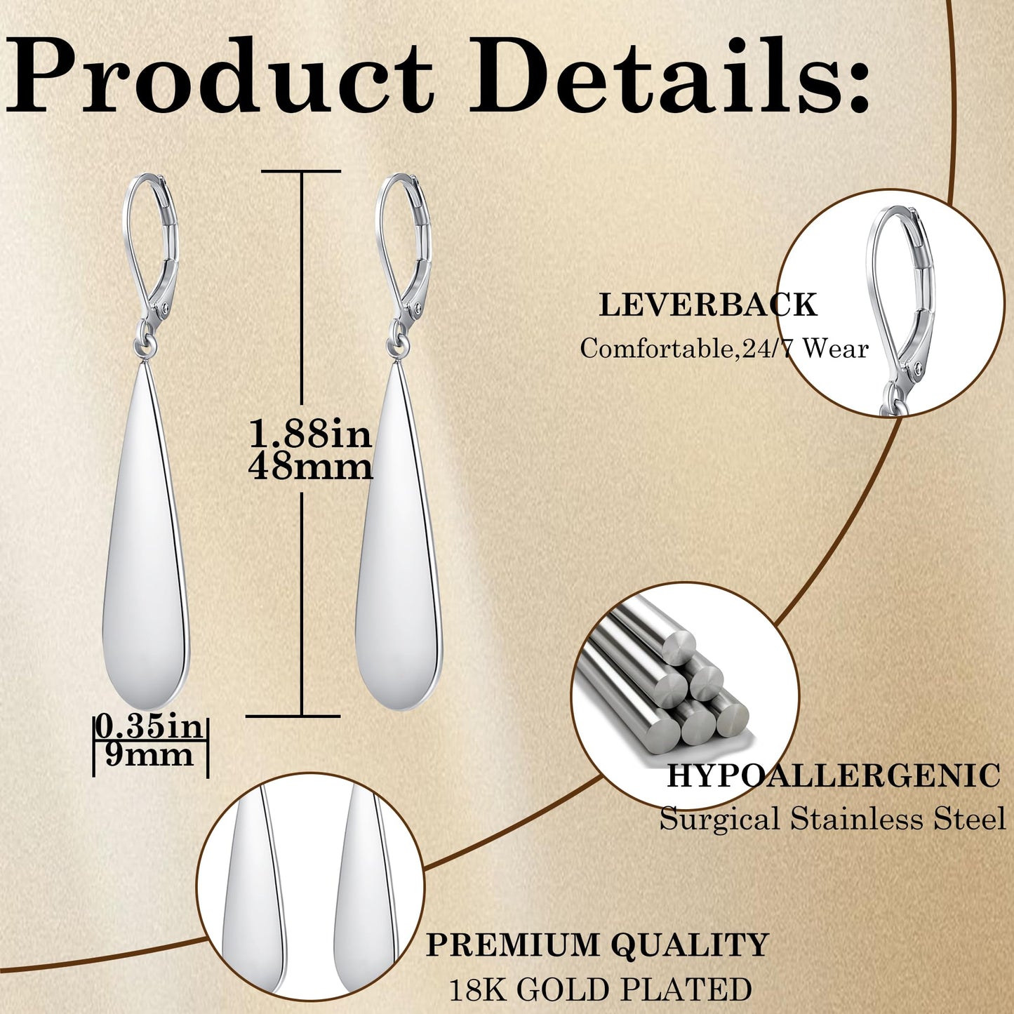FLYUN 18k Gold Plated Long Teardrop Dangle Earrings For Women Trendy-Hypoallergenic Lightweight Leverback Dangle Earrings For Jewelry Gift(SILVER)