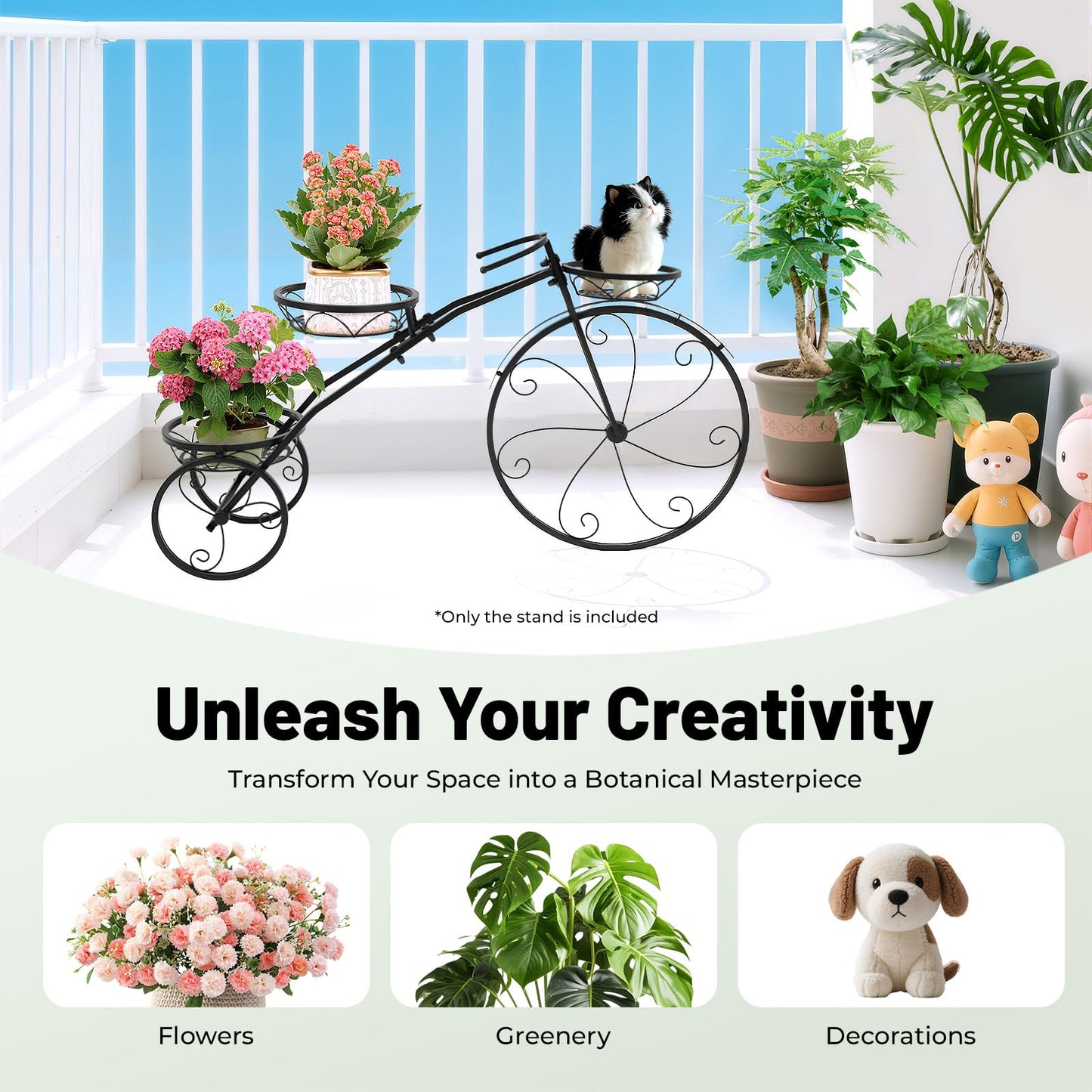 LXYIUTRW Bepritm Tricycle Bicycle Plant Stand, 3 Flower Baskets Flower Pot Cart w/ Wheels, Holder Patio Stand Holder Parisian Style Flower Display Stand Cart for Patio, Deck, Garden or Lawn