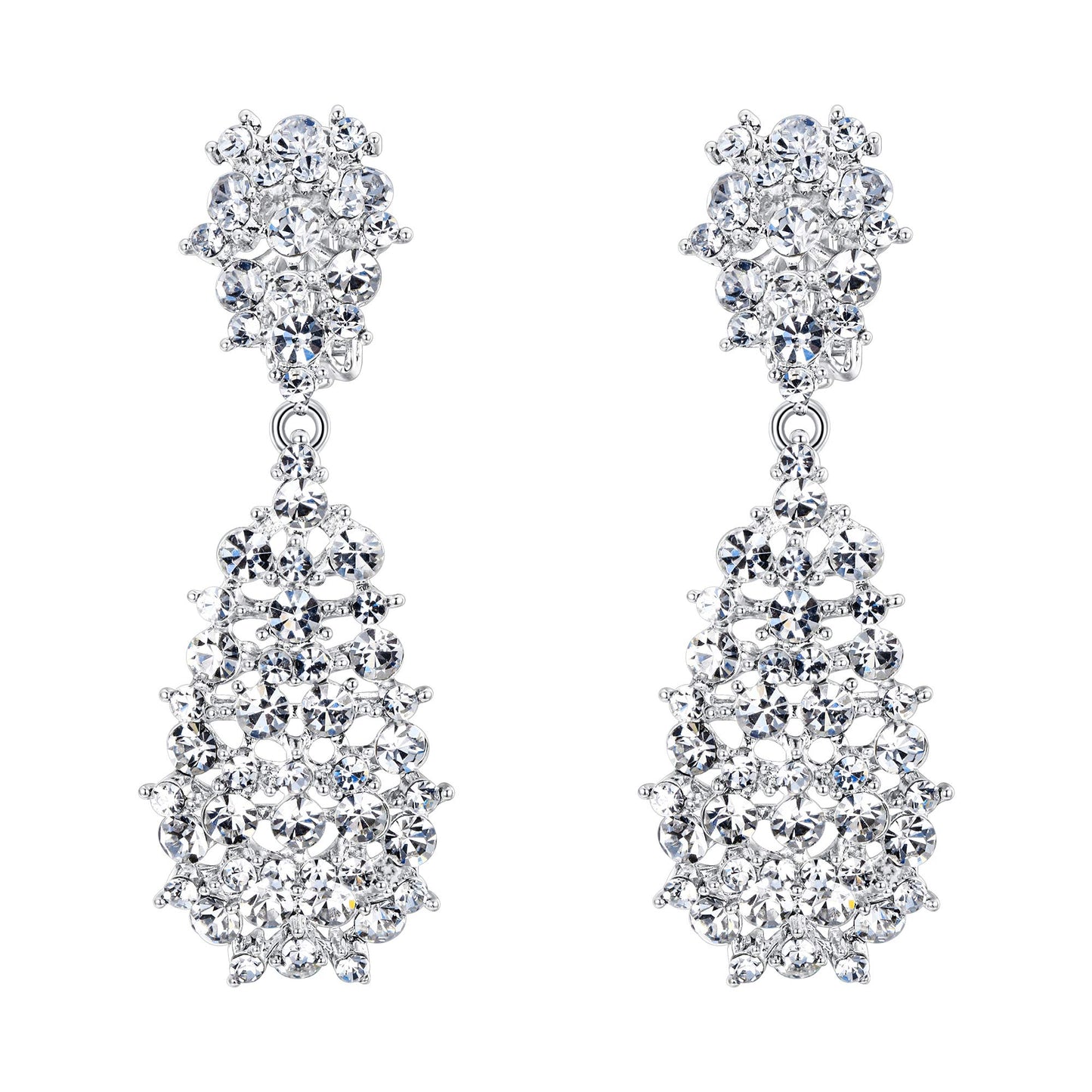 EVER FAITH Women's Jewelry Clear Crystal Floral Behimia Hollow Teardrop Dangle Clip-on Earrings Silver-Tone