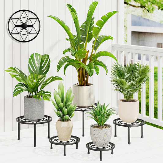 NQW 5 Pack Plant Stand Metal Flower Pot Stand Holders Indoor Tall Plant Rack Plant Round Black Plant Shelf For Patio, Living Room, Garden, Balcony(BlackDiamond)