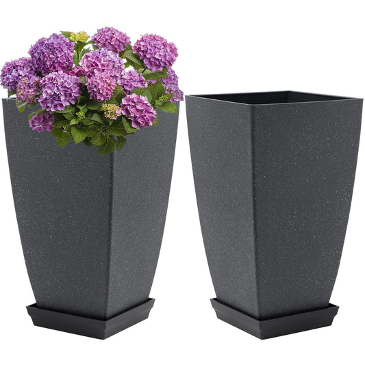 Neoaider Set of 2 Lightweight Ceramic-Look Tall Planter, 21 inch Large Plastic Planter with Drain Hole & Saucers, Large Outdoor Planters for Porch, Garden, Patio, Balcony(Dark Green)
