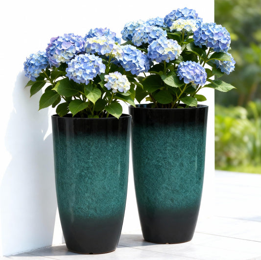 Autodaya 23.8" Tall Outdoor Planters Set of 2, Ceramic-Look Large Flower Pots for Indoor Outdoor Plants, All Seasons for Porch, Balcony, Garden, Patio or Home Art Decor, Gradient Turquoise Finish