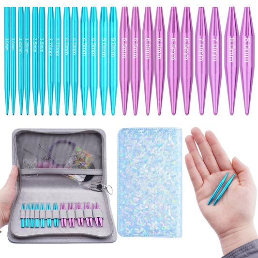 Hobekoee 12 Pairs Short Interchangeable Circular Knitting Needles Set 3mm-8mm Interchangeable Aluminum Round Knitting Needles Set with 4 Swivel Cables for DIY Knitting Lovers